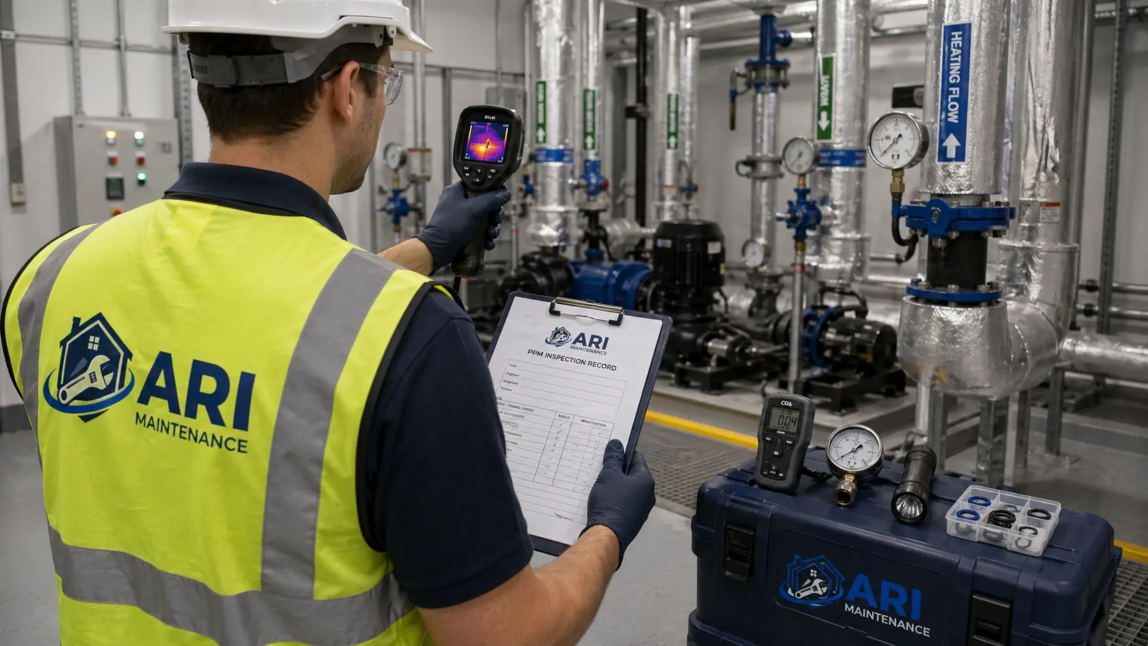 ARI Maintenance engineer carrying out a planned maintenance inspection in a commercial plant room