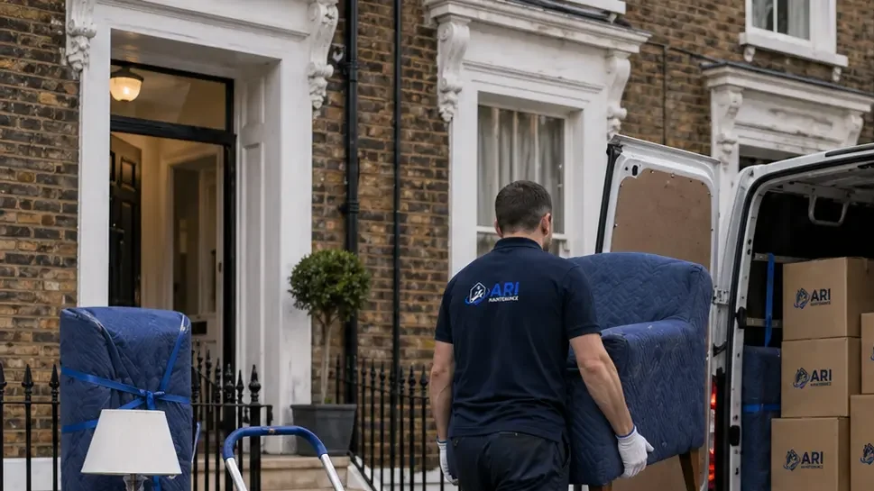 ARI Maintenance removals operative carrying a wrapped armchair to the van outside a London townhouse