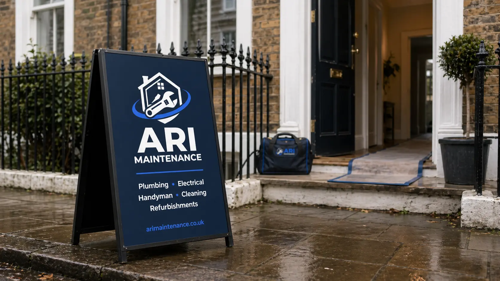 ARI Maintenance A-board outside a London townhouse listing plumbing, electrical, handyman, cleaning and refurbishments