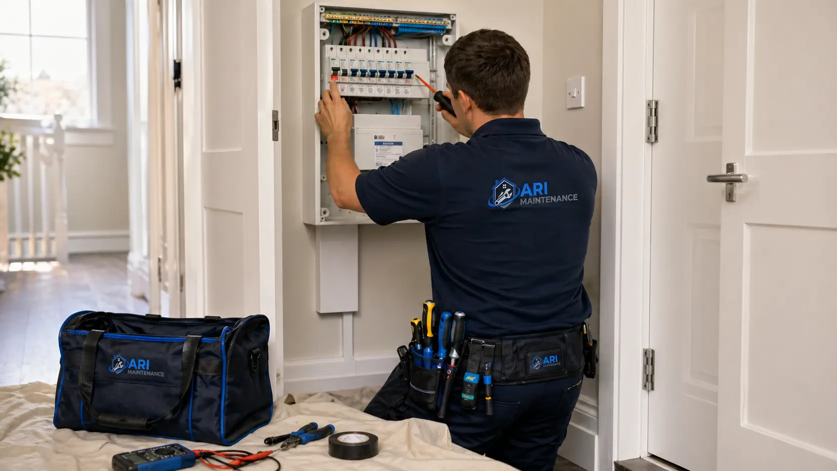 ARI Maintenance electrician working inside an open consumer unit in a London hallway