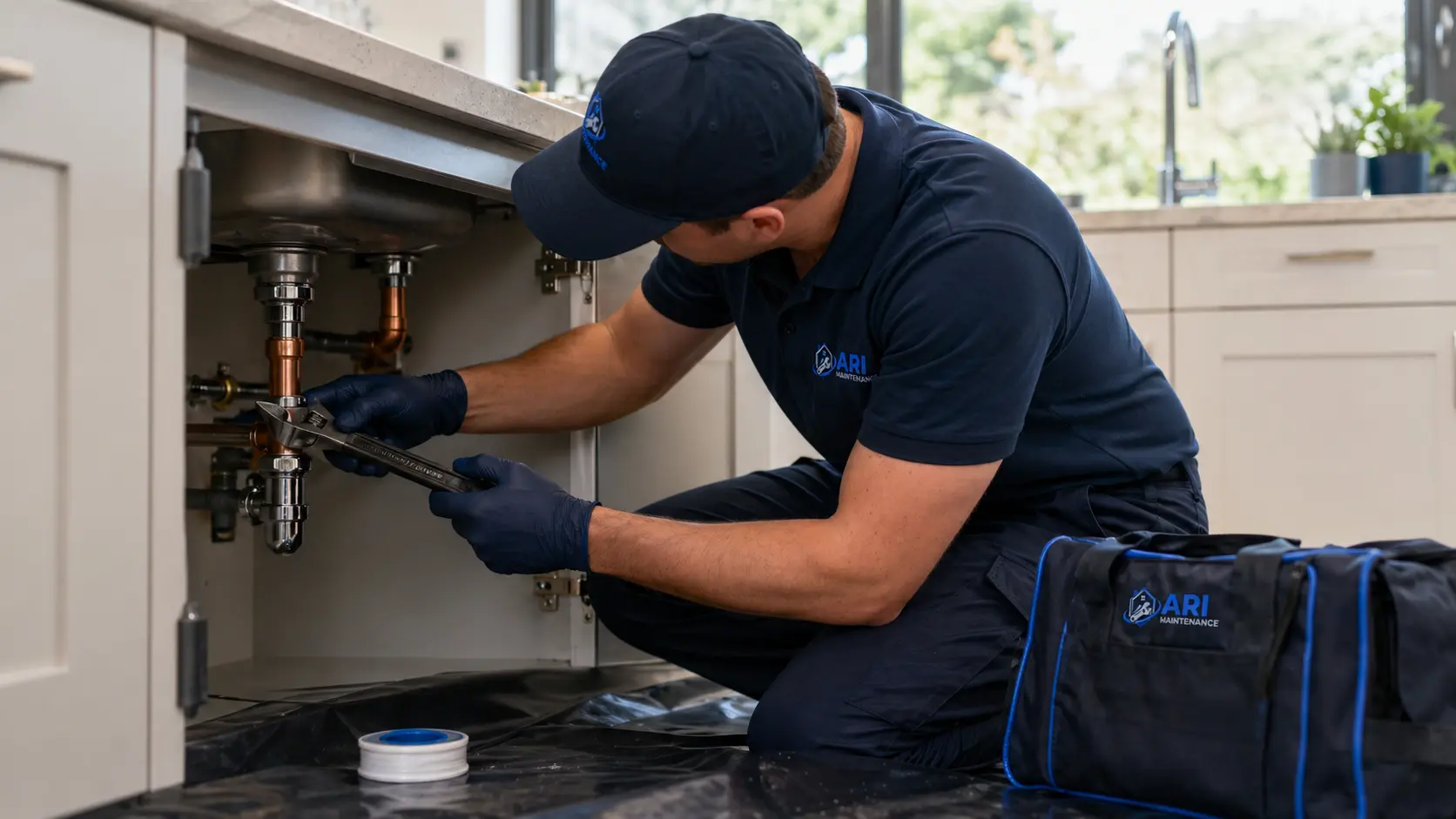 ARI Maintenance plumber tightening a compression joint on the waste pipework under a kitchen sink