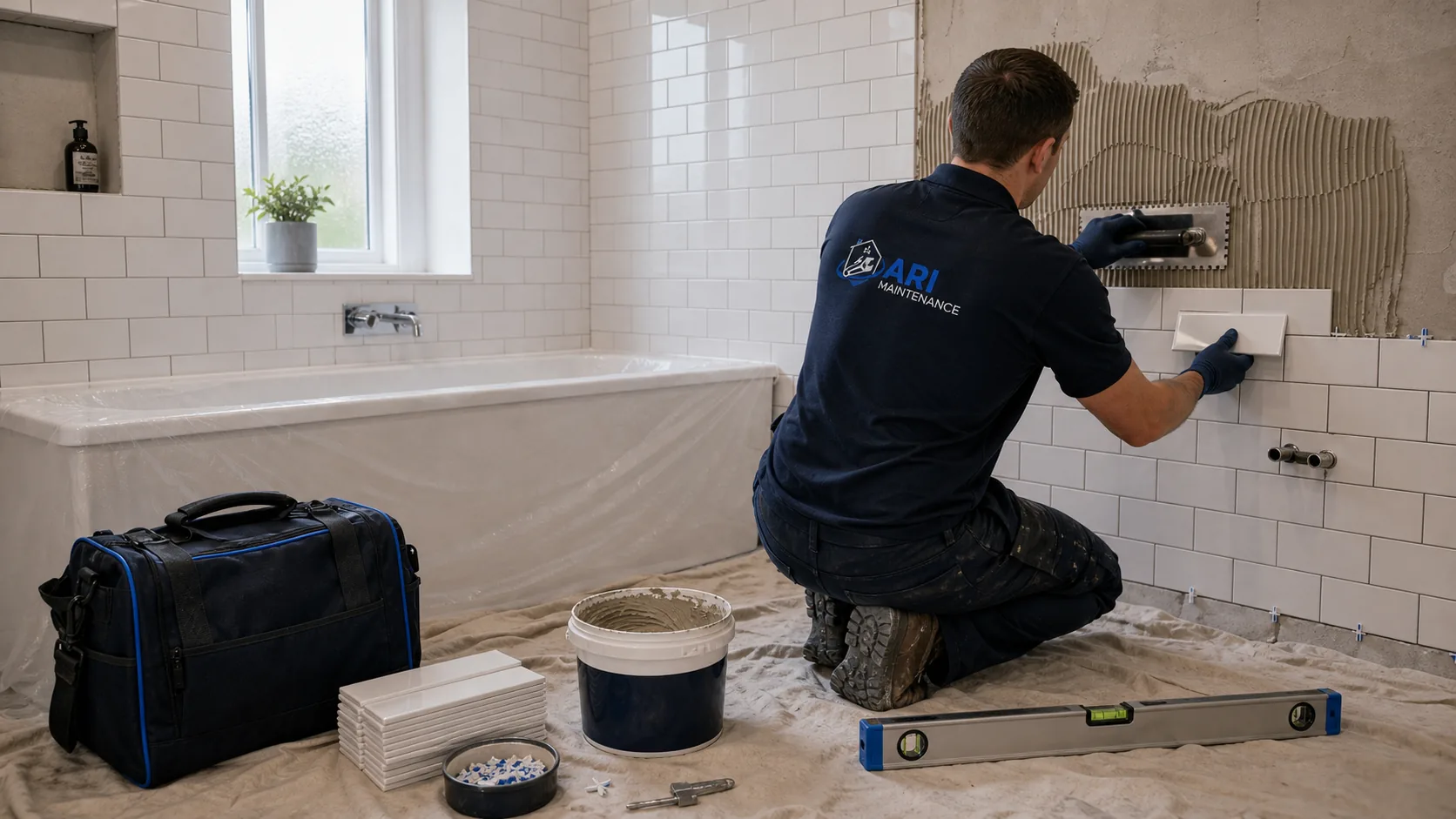 ARI Maintenance tiler setting metro tiles above a bath during a bathroom refurbishment