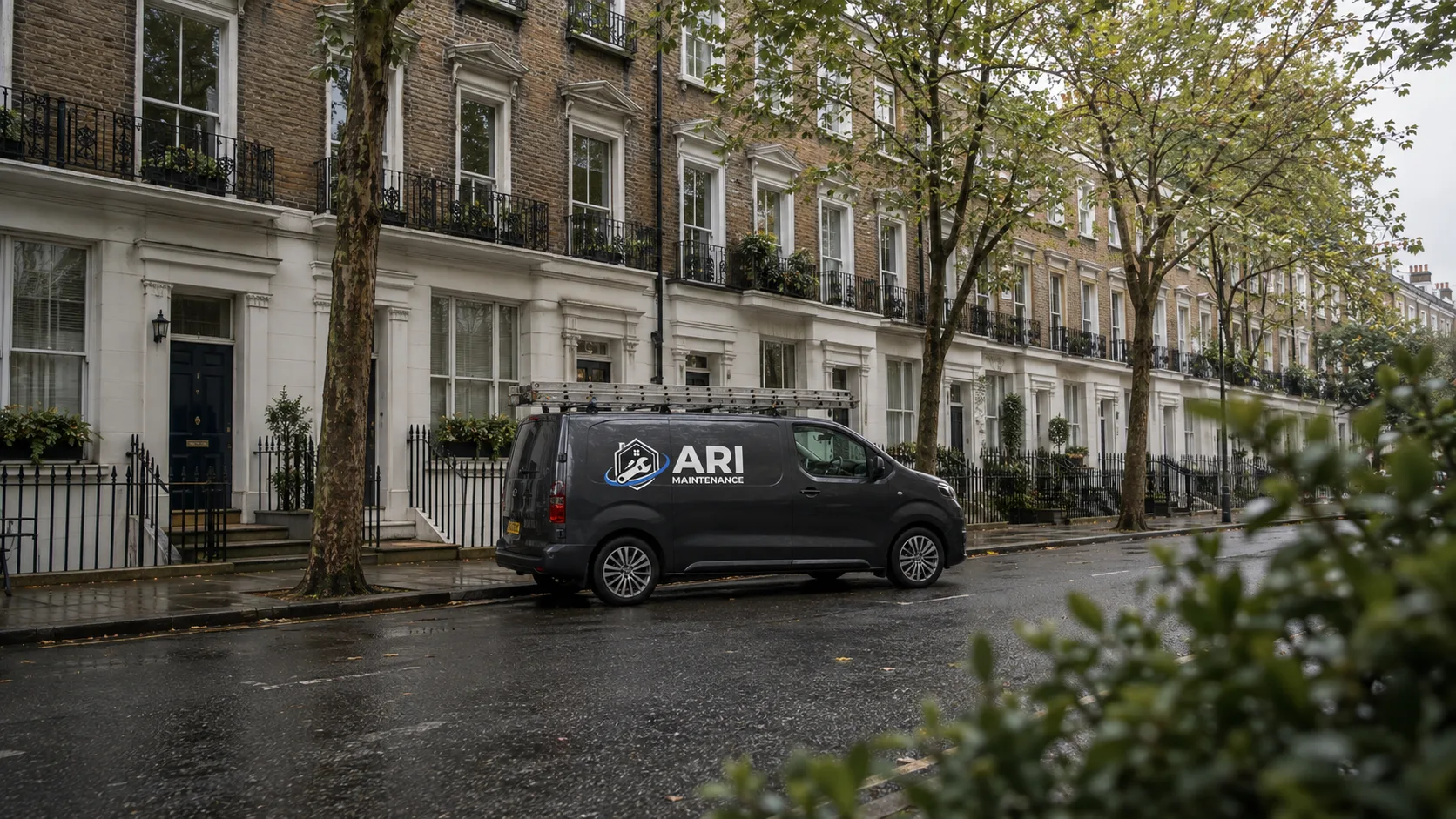 ARI Maintenance van parked on a Georgian terrace street in Islington, north London