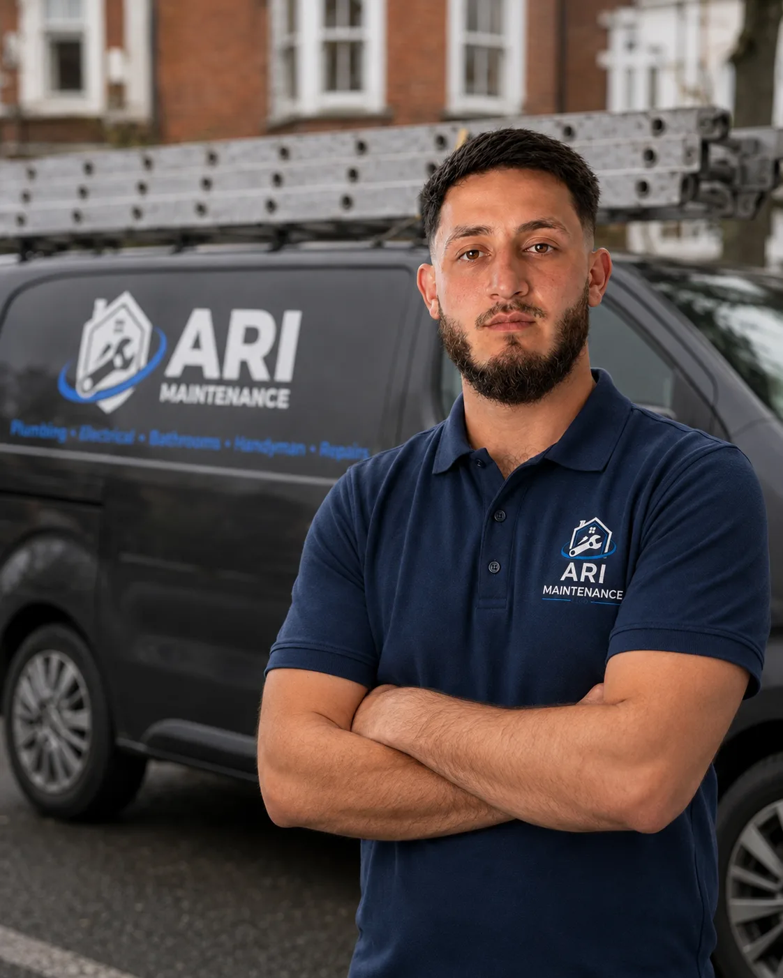 Arianne "Ari" Raofi, founder of ARI Maintenance, standing in front of the liveried company van