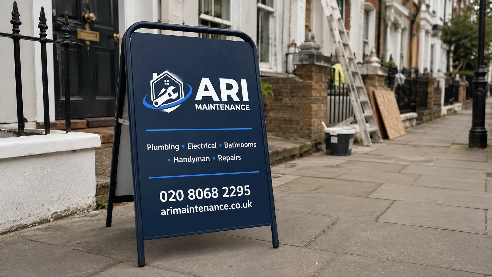 ARI Maintenance A-board on a London pavement listing plumbing, electrical, bathrooms, handyman and repairs