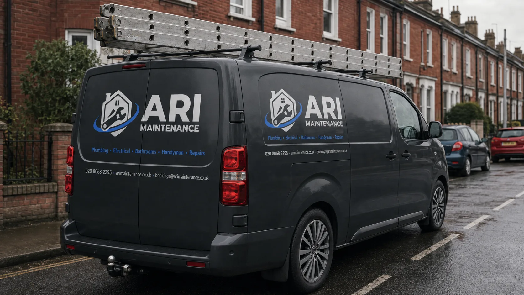 Rear doors of the ARI Maintenance van showing the logo, the trade list and the 020 8068 2295 contact line