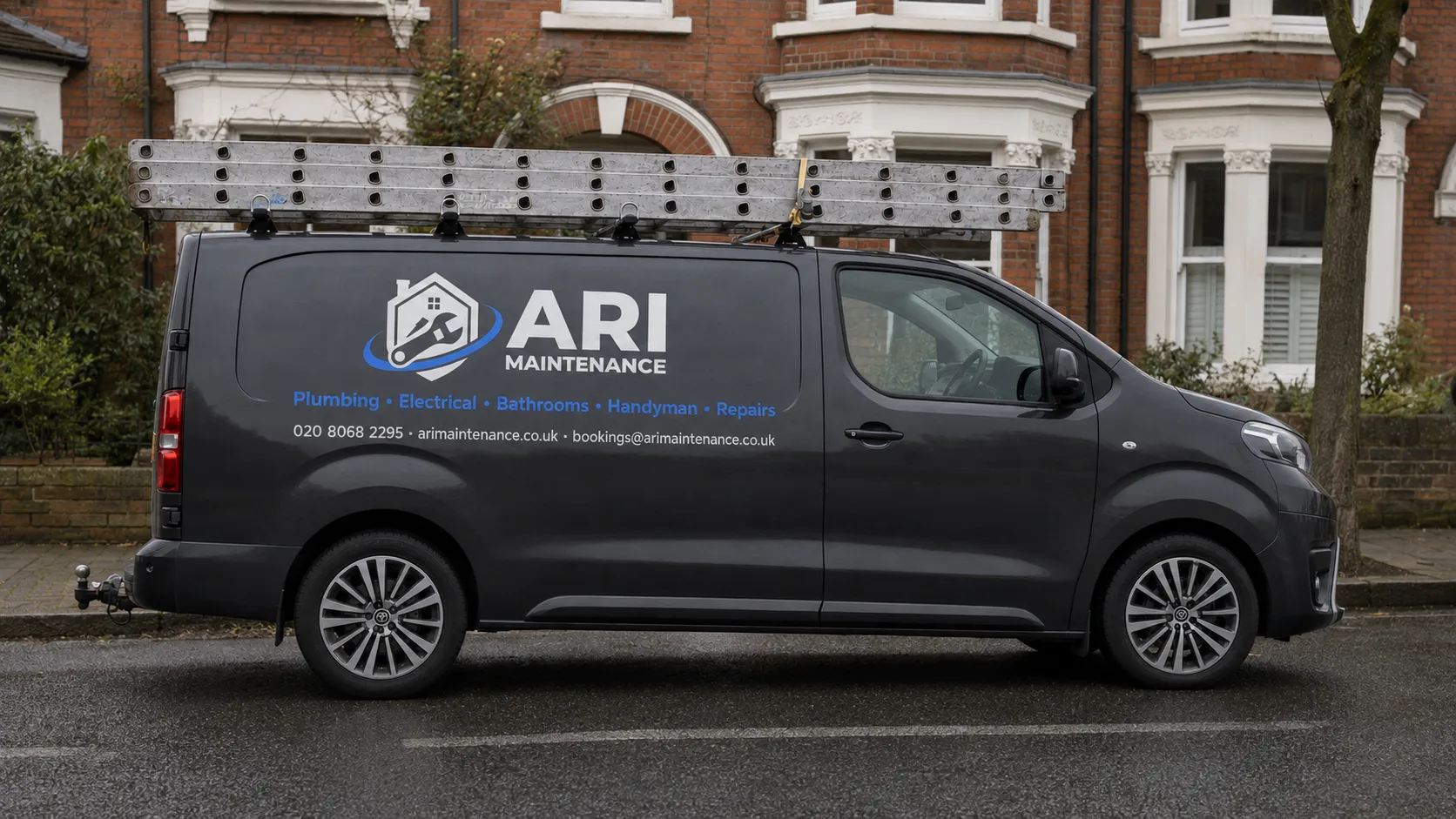 ARI Maintenance van in navy and grey livery parked outside a red brick London terrace, listing plumbing, electrical, bathrooms, handyman and repairs