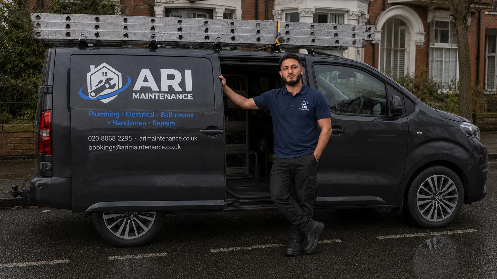 Ari Raofi at the open side door of the ARI Maintenance van, its livery showing 020 8068 2295 and arimaintenance.co.uk