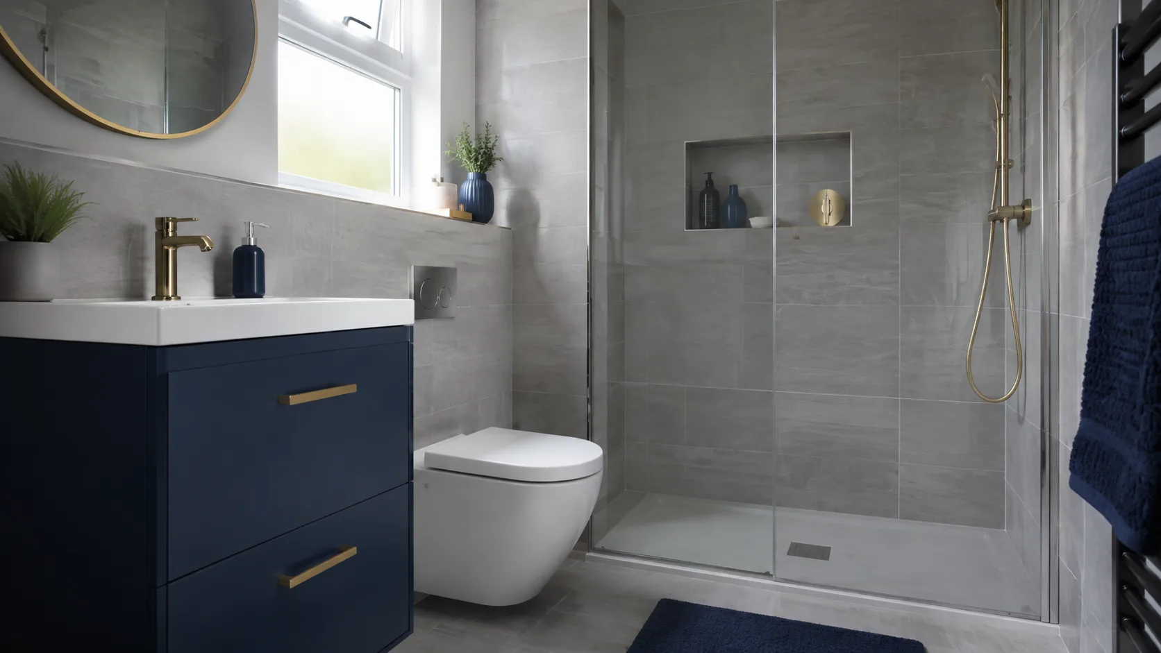 Grey tiled bathroom with a walk-in shower, navy vanity unit and brass fittings, the kind of bathroom refurbishment ARI Maintenance fits
