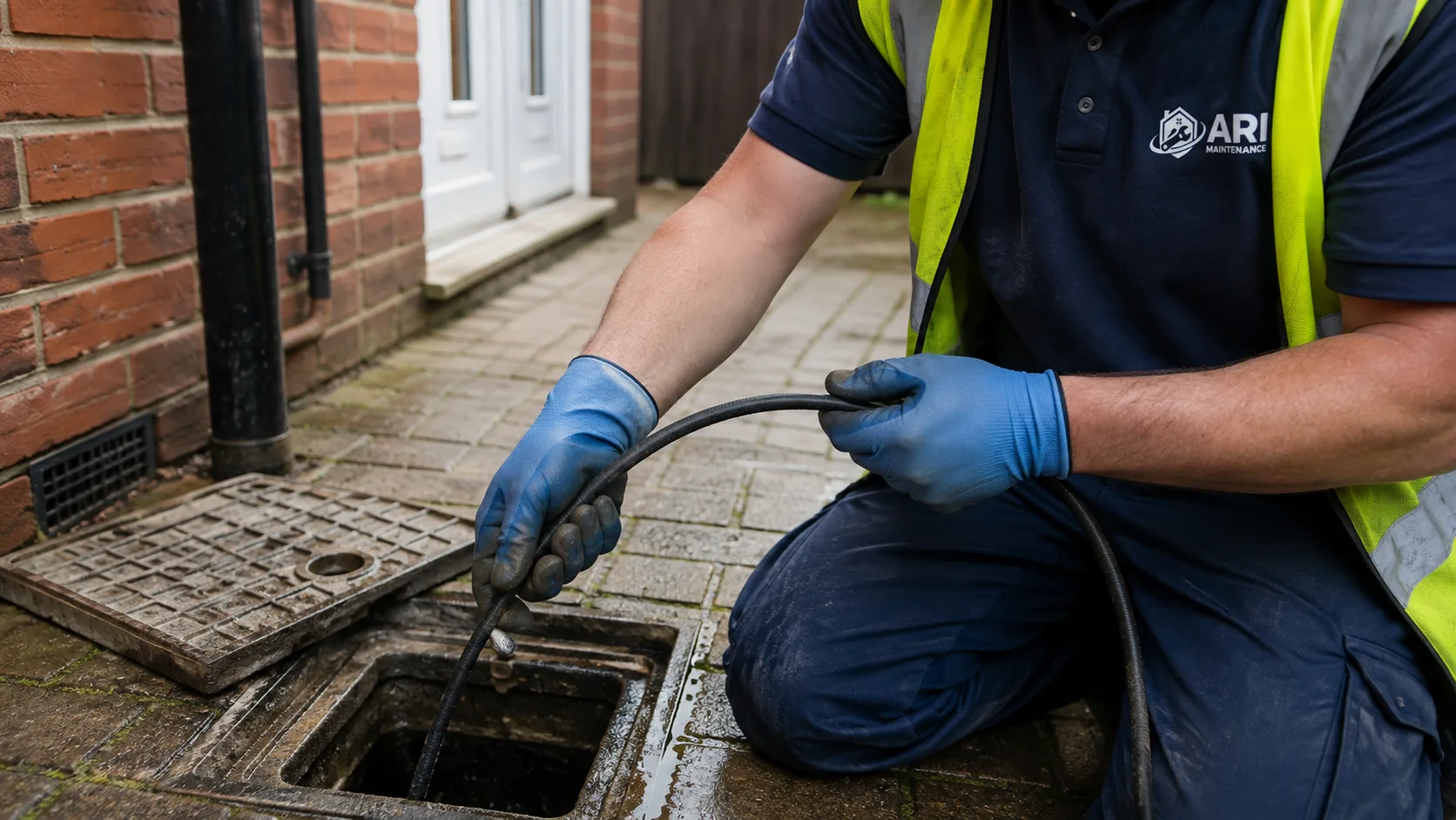 ARI Maintenance operative feeding a drain rod into an open inspection chamber outside a London house