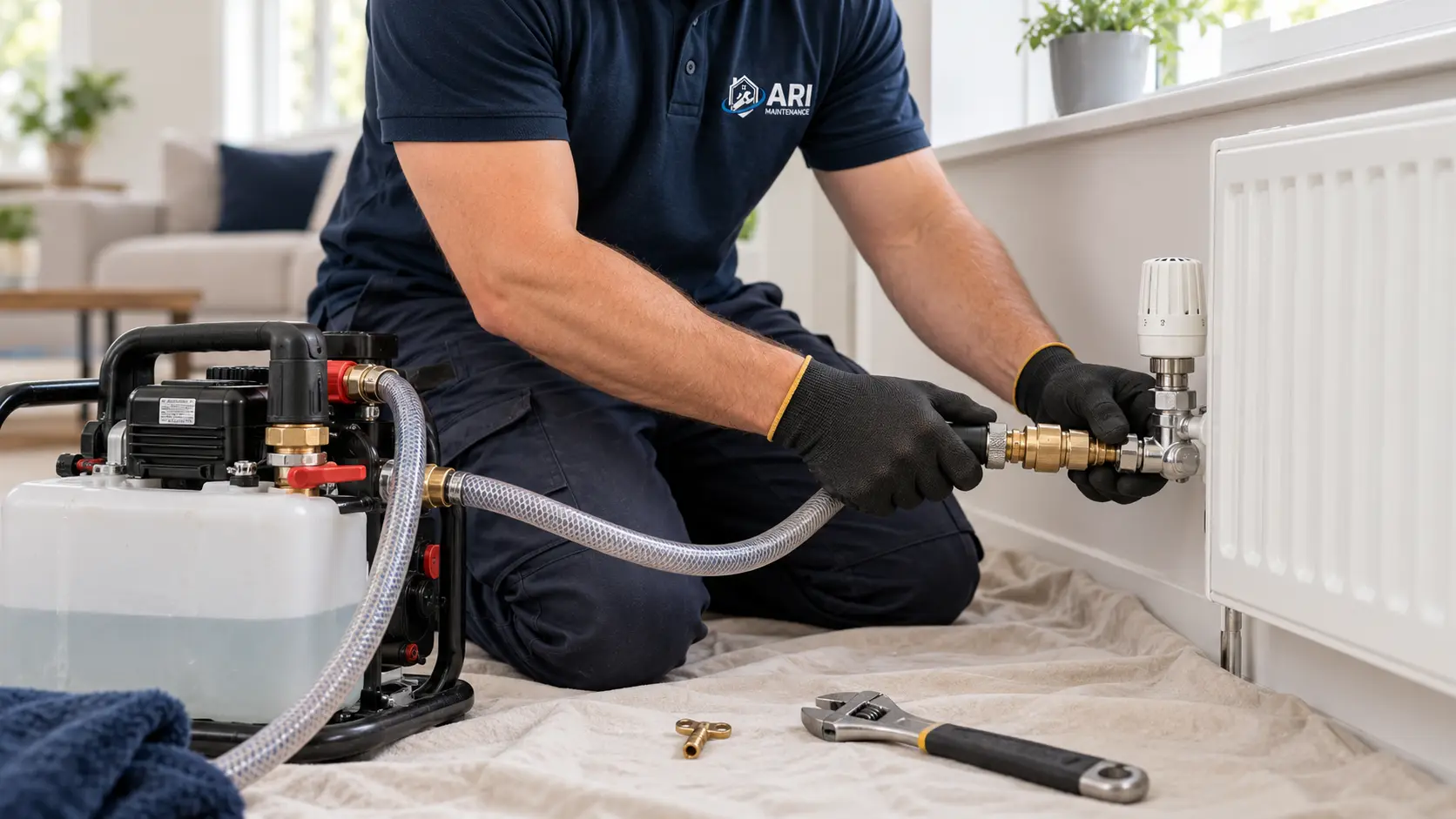 ARI Maintenance plumber connecting a power flushing pump to a radiator valve in a London living room