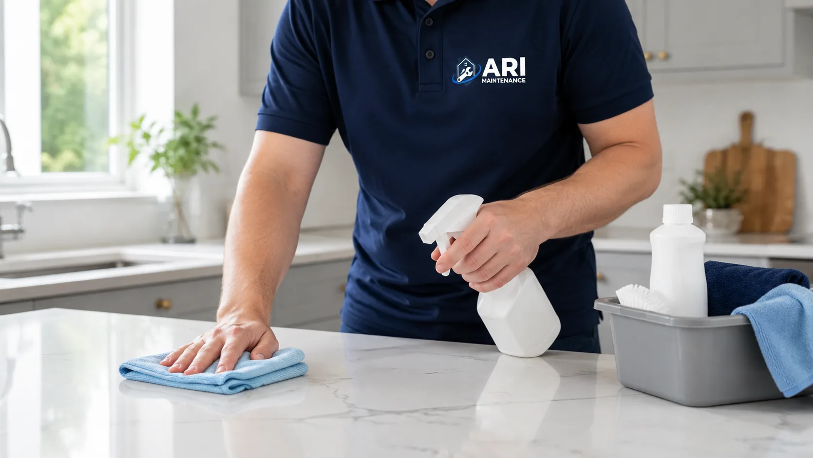 ARI Maintenance cleaner wiping down a marble kitchen worktop with a microfibre cloth and spray