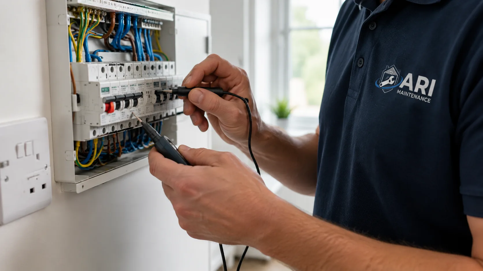 ARI Maintenance electrician testing a circuit at an open consumer unit with a multimeter