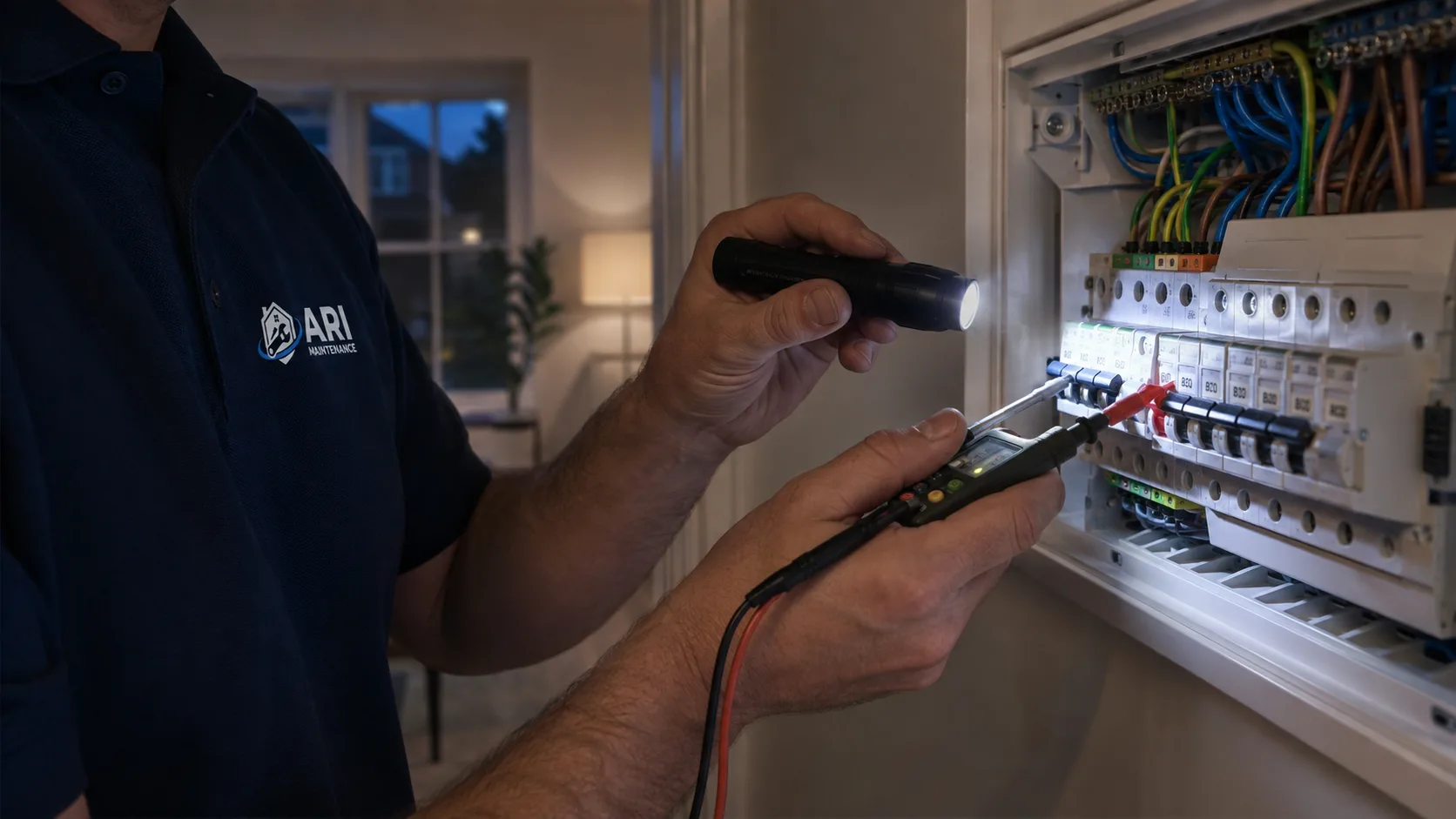 ARI Maintenance electrician testing a consumer unit by torchlight during an evening call-out