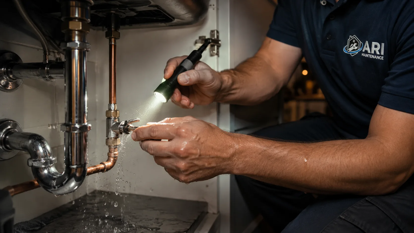 ARI Maintenance plumber holding a torch on a dripping isolation valve under a sink at night