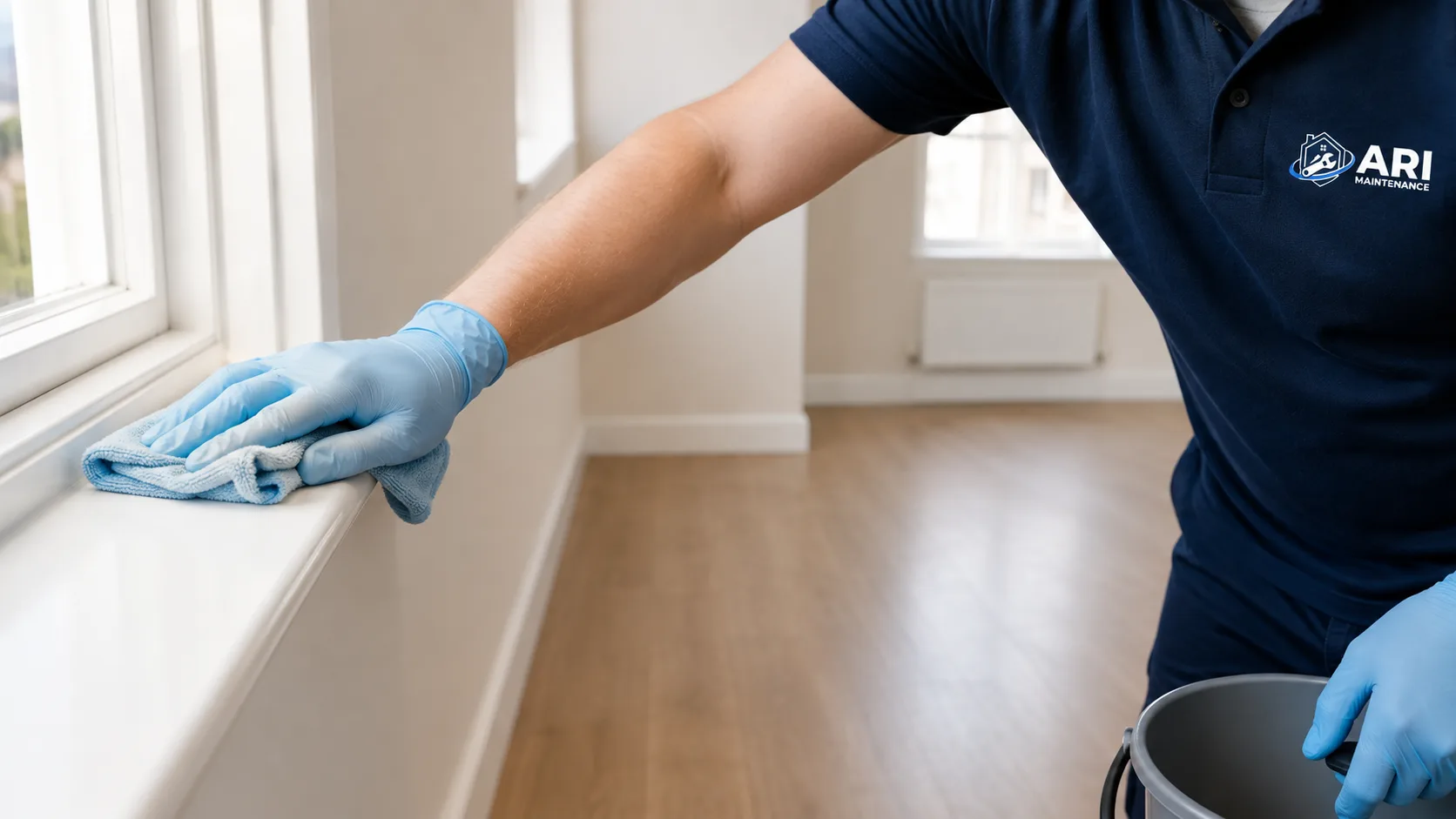 ARI Maintenance cleaner in gloves wiping a windowsill in an emptied London flat