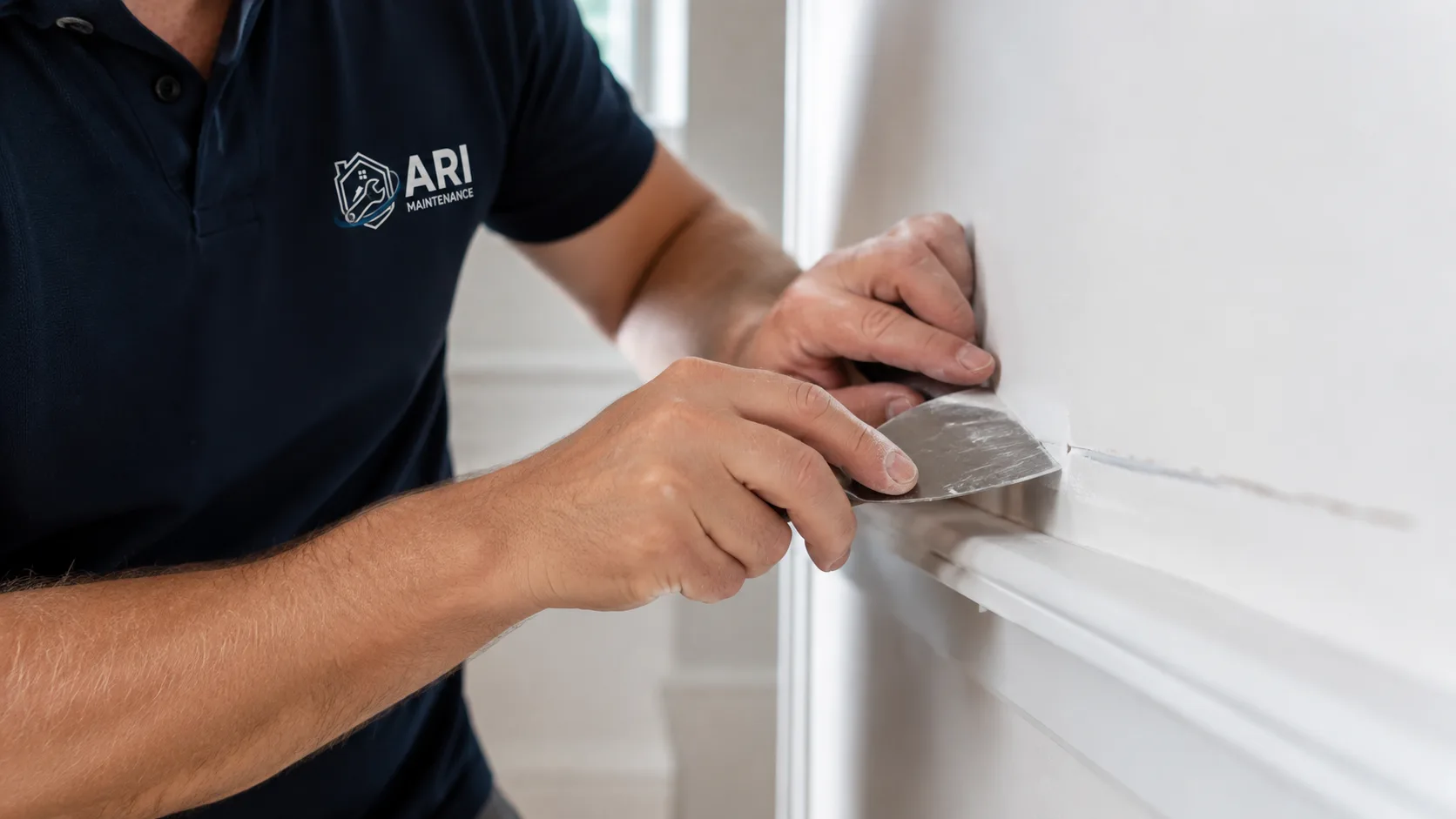 ARI Maintenance handyman filling a crack beside a doorway with a filling knife
