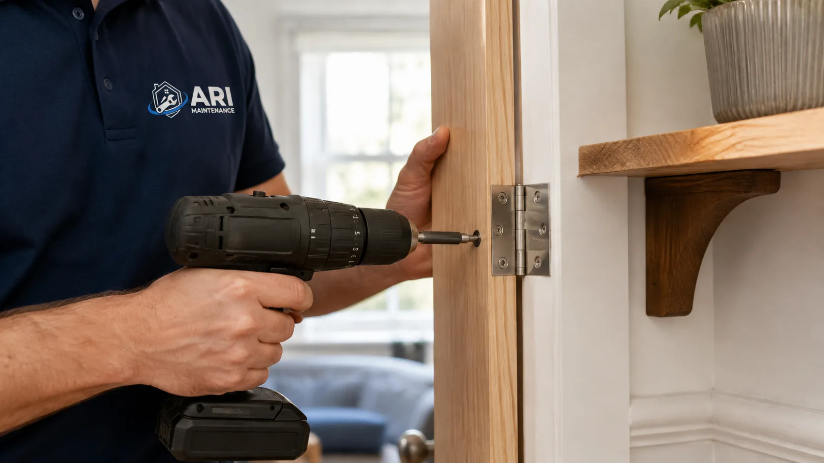 ARI Maintenance handyman driving a screw into a door hinge with a cordless drill