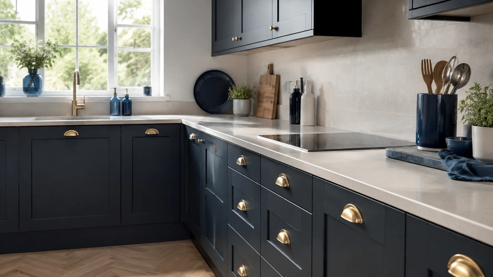 Navy shaker kitchen with brass cup handles and a stone worktop, the kind of kitchen refurbishment ARI Maintenance fits