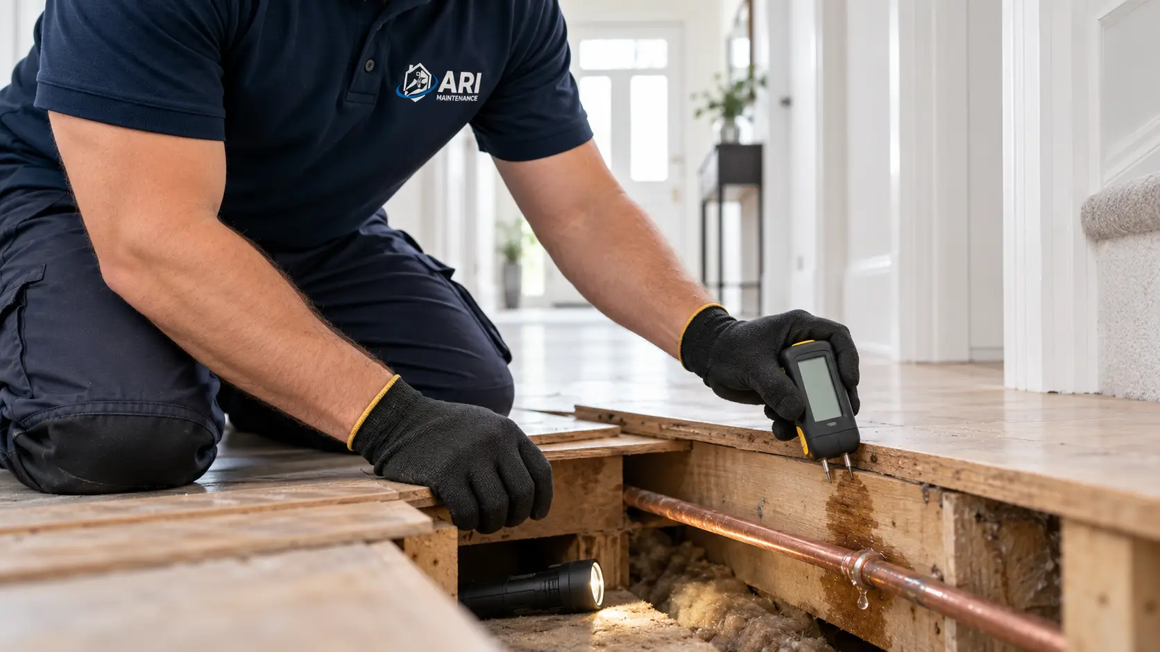 ARI Maintenance plumber testing a joist with a moisture meter beside a copper pipe under a lifted floorboard