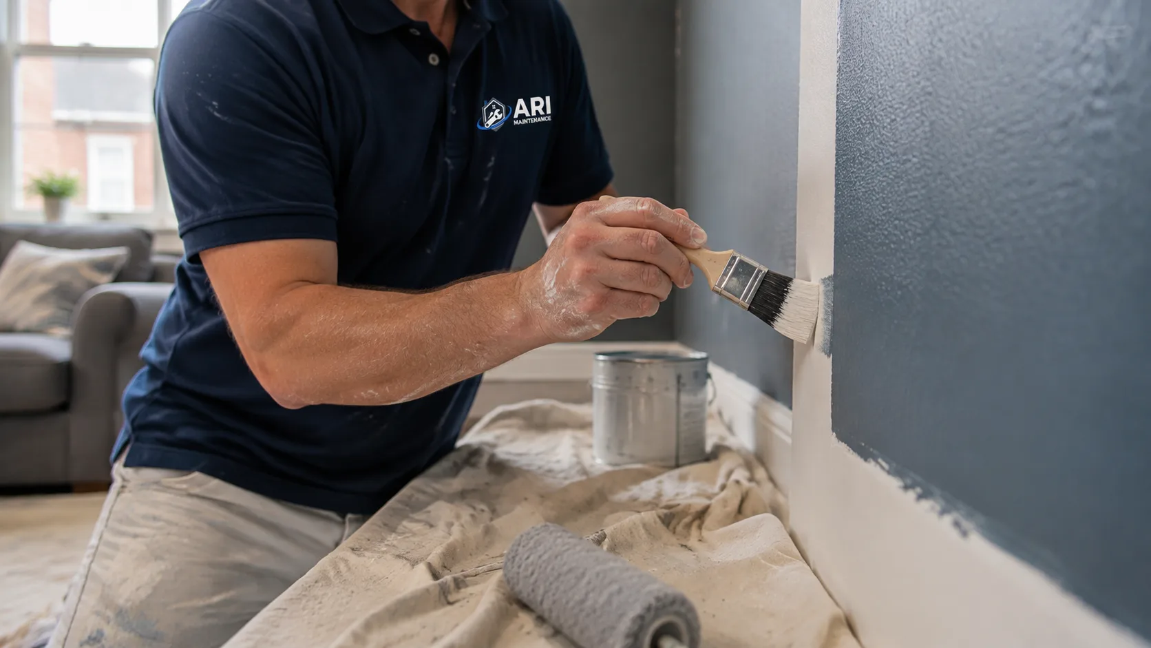 ARI Maintenance decorator cutting in a dark blue wall against white woodwork with a brush