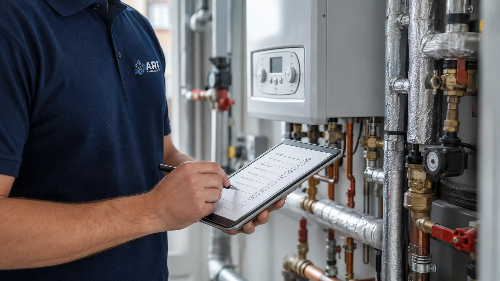ARI Maintenance engineer working through a planned maintenance checklist on a tablet in a plant room