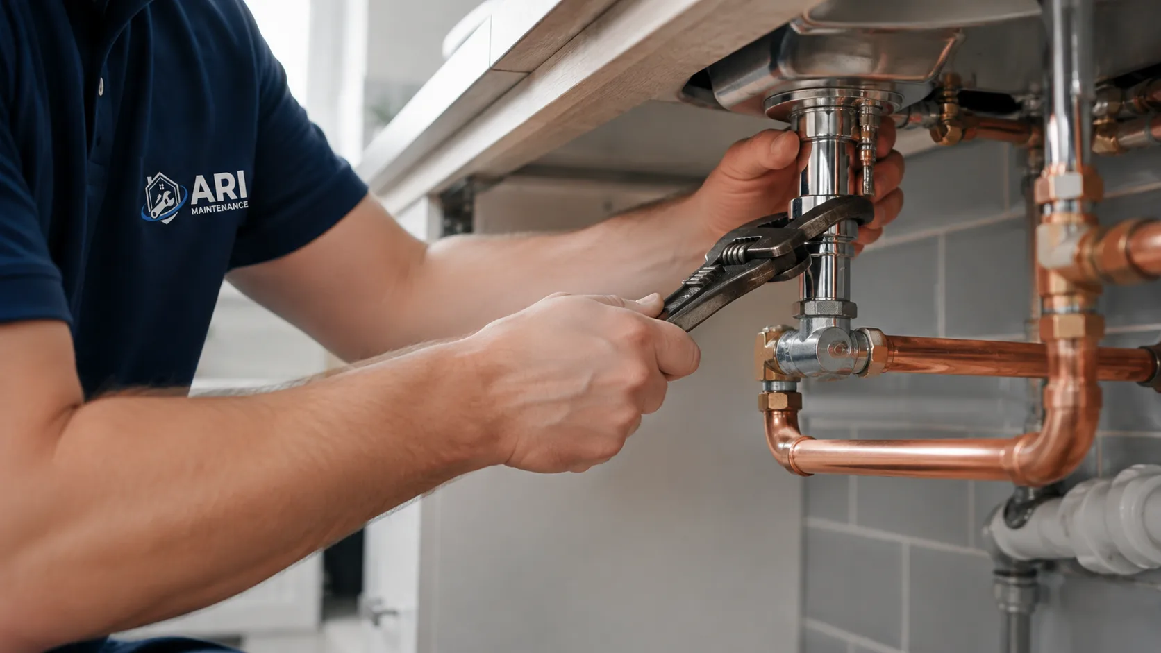 ARI Maintenance plumber tightening the compression joint on a chrome bottle trap under a kitchen sink