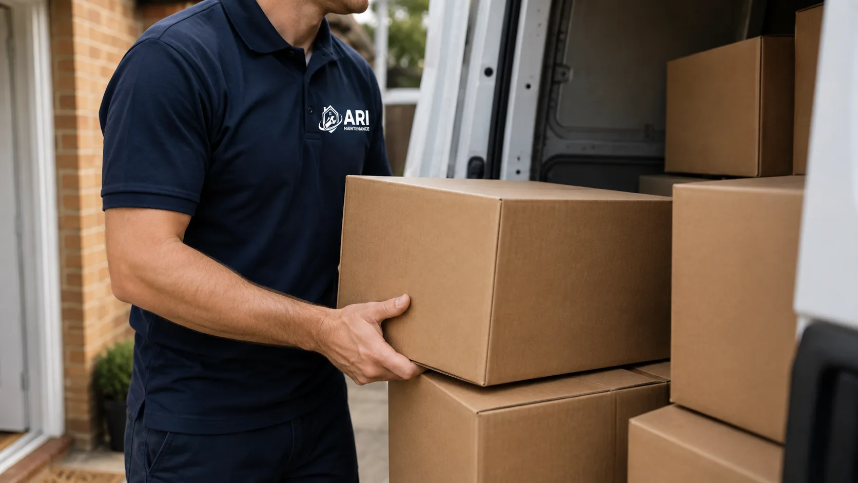 ARI Maintenance operative carrying a packing box to the van outside a London house