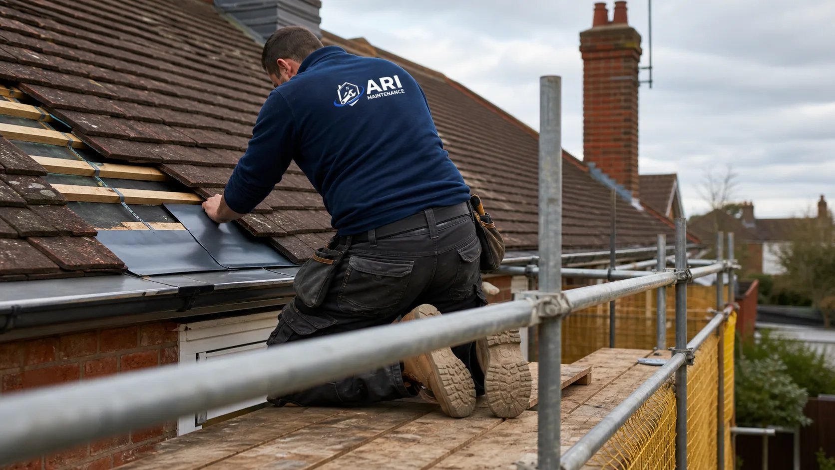 ARI Maintenance roofer bedding lead flashing on a tiled London roof from a scaffold platform