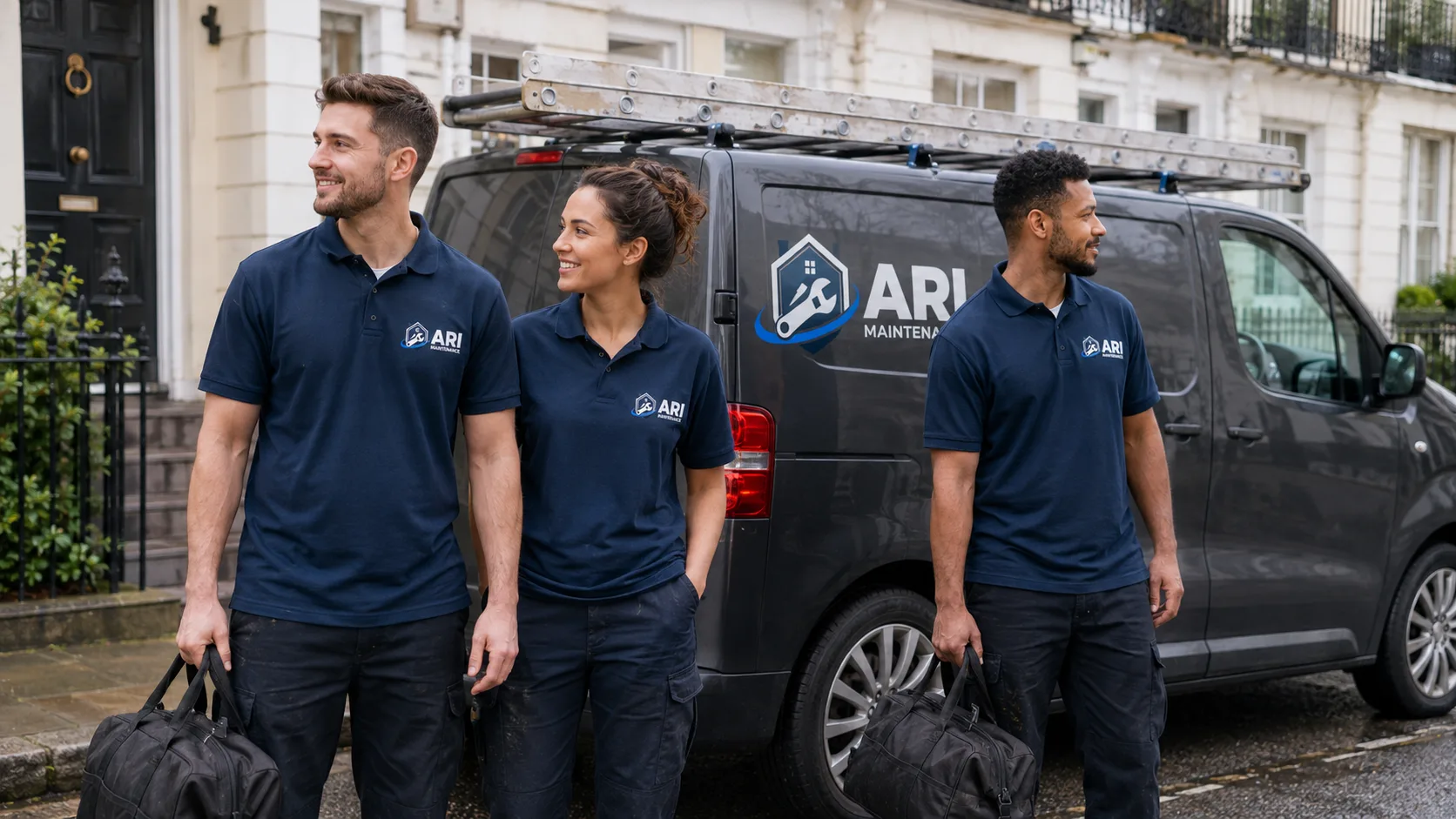 Three ARI Maintenance engineers in branded polos standing with their tool bags beside the liveried van on a London street