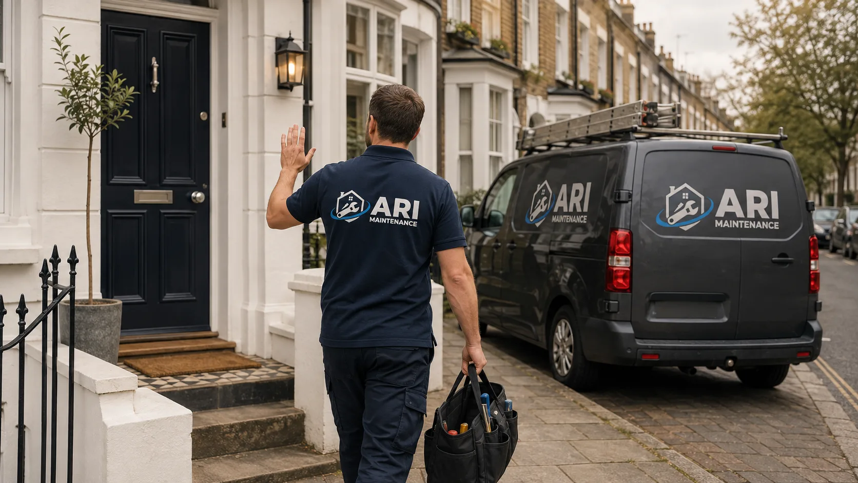ARI Maintenance engineer talking a customer through a job on a tablet at her front door