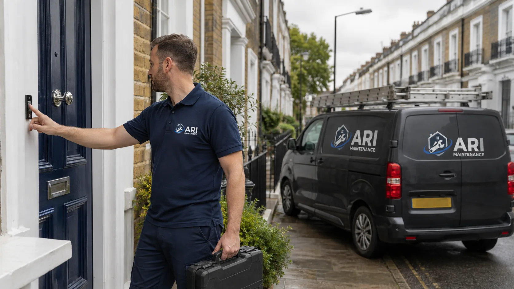 ARI Maintenance engineer ringing the doorbell of a London townhouse with the liveried van parked behind him