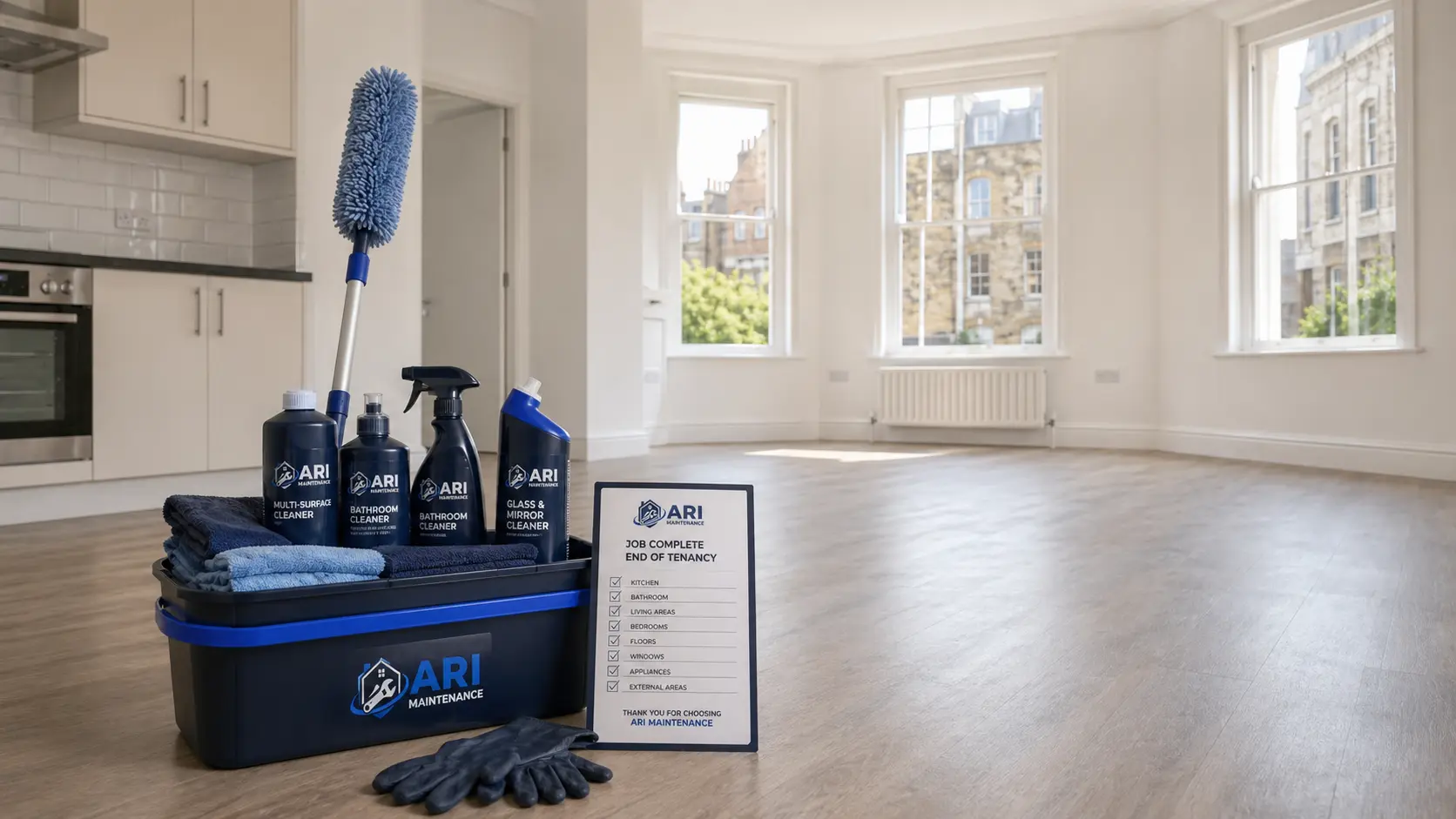ARI Maintenance cleaning caddy and end of tenancy checklist board in an empty period flat