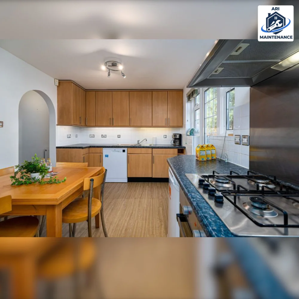 Kitchen, gas hob, blue tile splashback