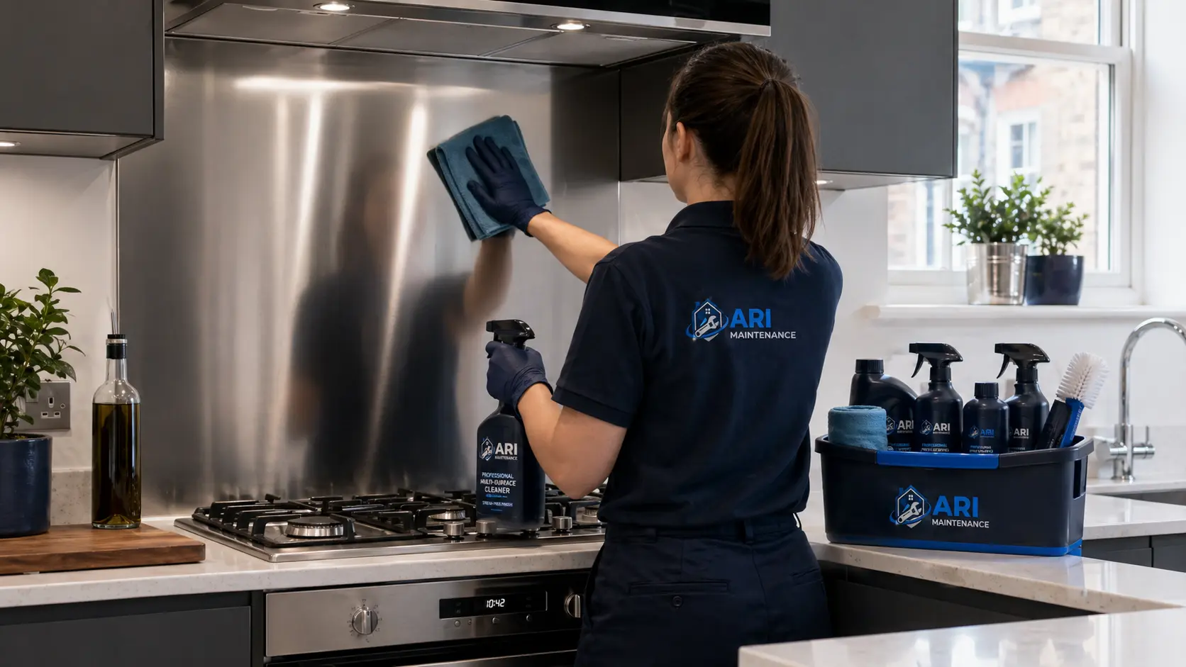 ARI Maintenance cleaner polishing a stainless steel splashback in a London kitchen