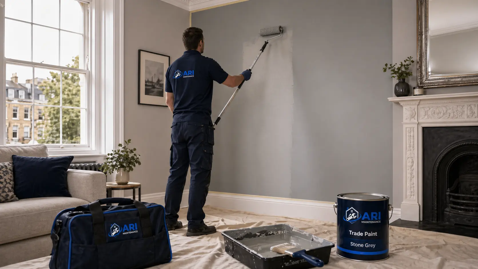 ARI Maintenance decorator rolling trade paint onto a period living-room wall