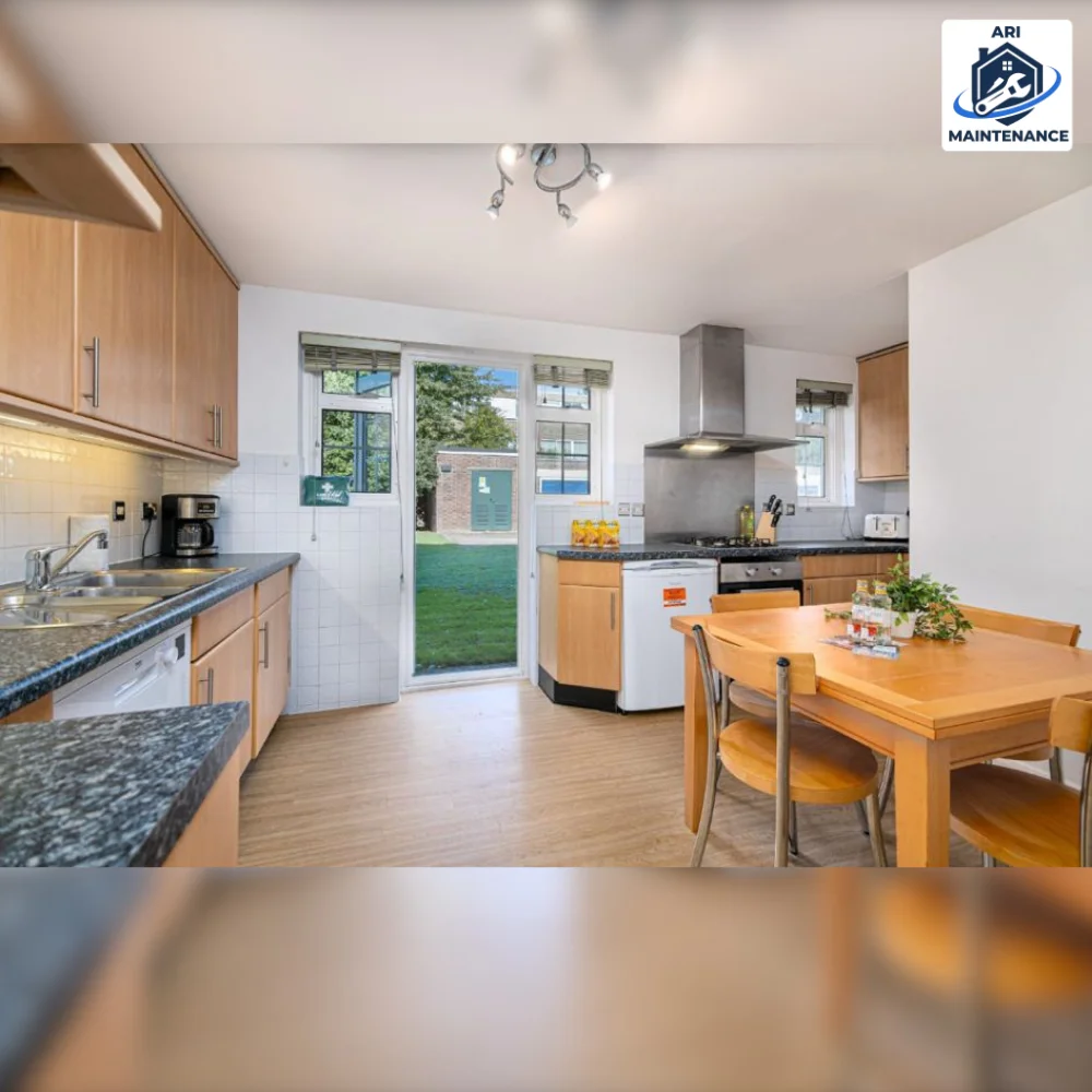 Kitchen, wooden cupboards, garden doors