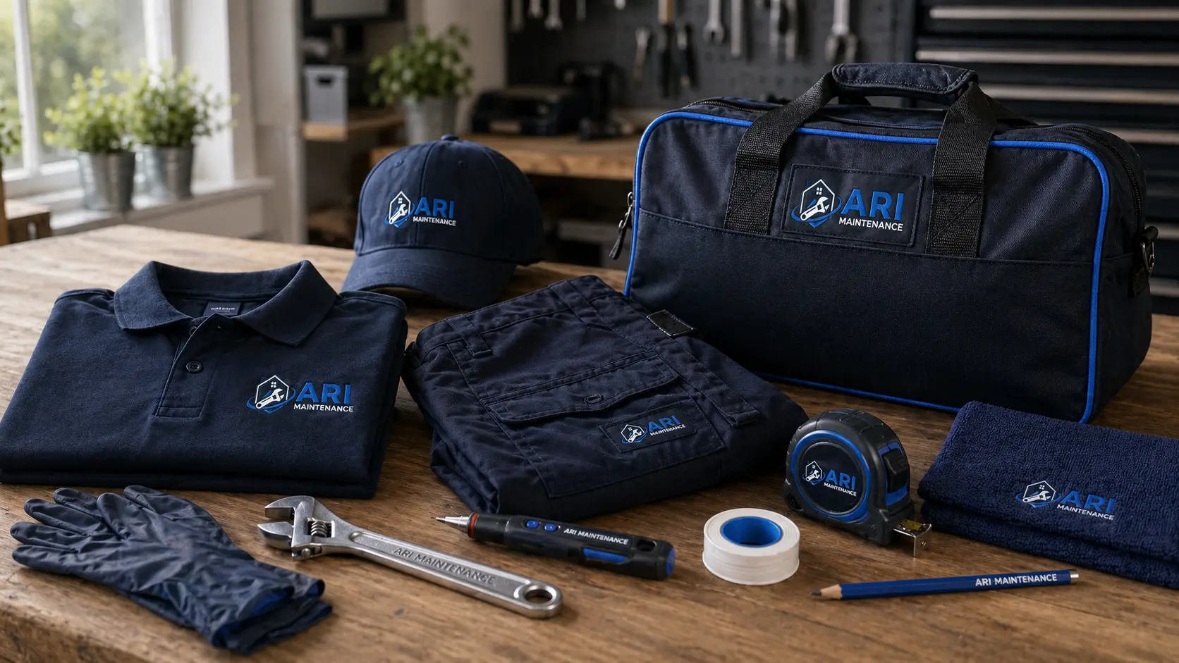 ARI Maintenance branded workwear and tools laid out ready for a job
